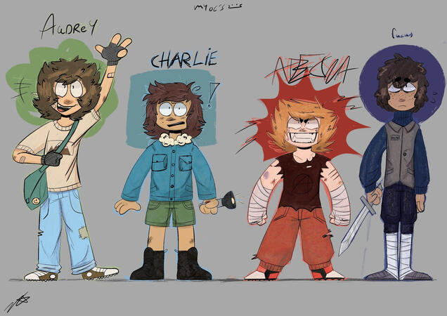 Lineup of my original characters (old) From left to right: Audrey, Charlie, Abeona and Lucus